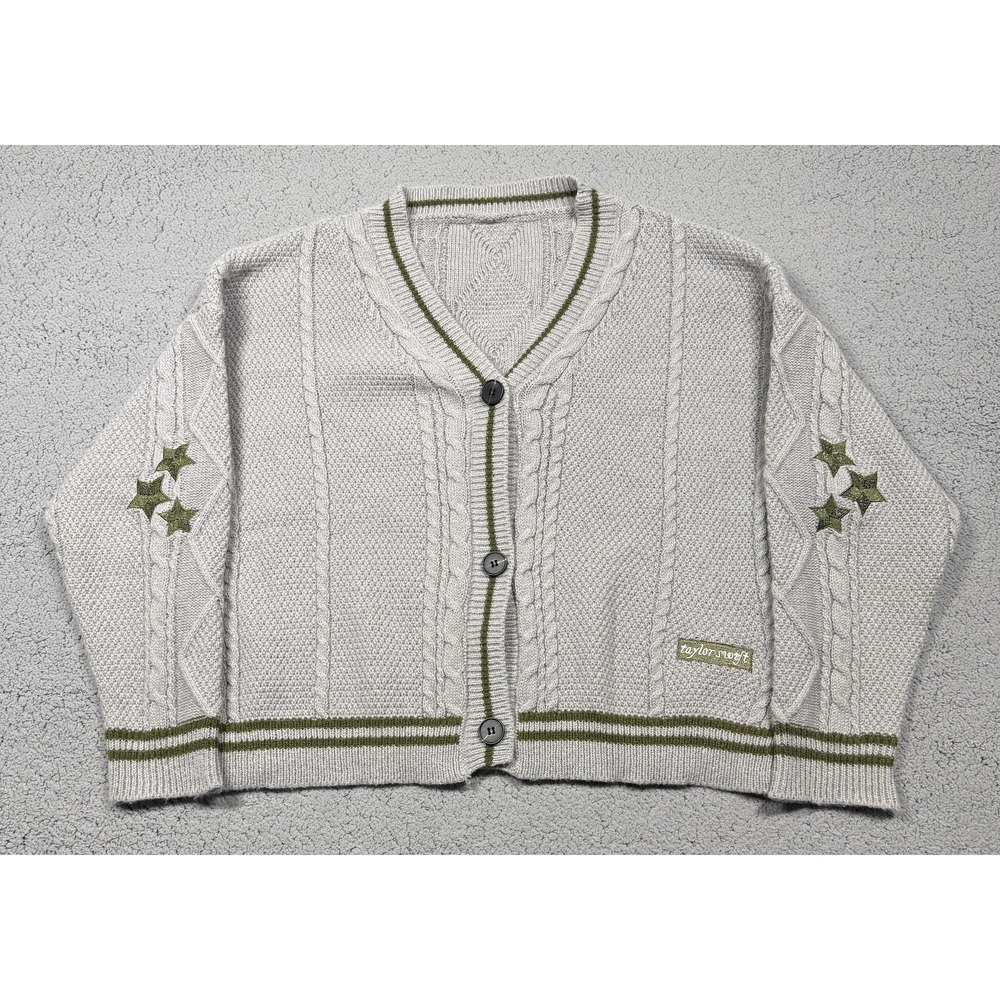 Taylor Swift Sweater Womens Large Gray Cable Knit Star‎ Cardigan Embroidered